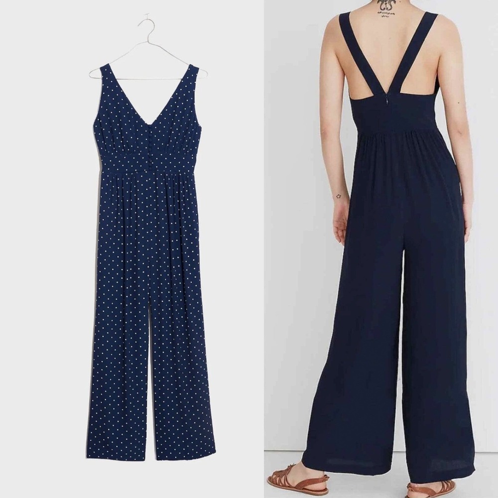 NWT Madewell Jumpsuit Polka Dot V-Back Wide-Leg Navy Blue Size 0 (Small) Coastal